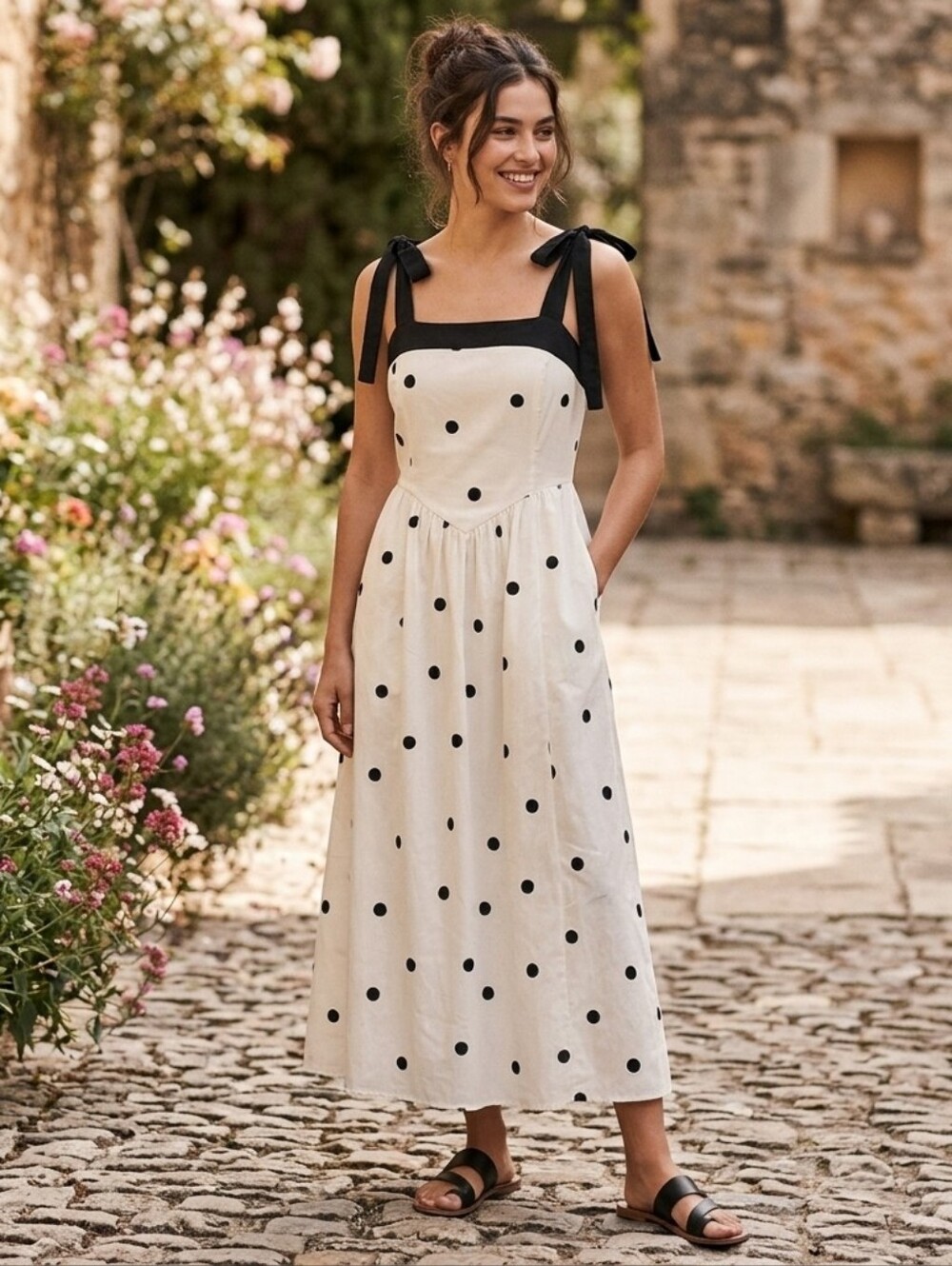NWT Trixxi Polka Dot Tie-Strap Maxi Dress Black White XL